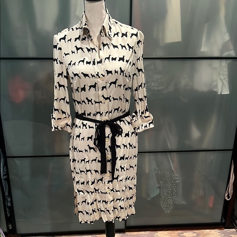 Trina Turk Cream and Black Dog Print Shirt Dress sz 6